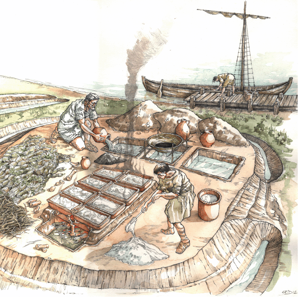An illustrated scene showing several iron-age people working around salt pans and furnaces, alongside a boat on the water. The drawing has a vintage, hand-drawn aesthetic.