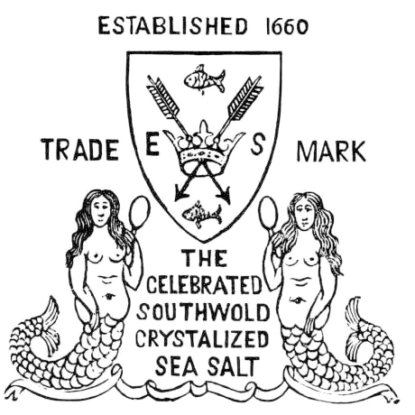 Black and white logo of Southwold Salt  Works with the text 'ESTABLISHED 1660', 'TRADE MARK', and 'THE CELEBRATED SOUTHWOLD CRYSTALIZED SEA SALT', plus a central shield with arrows, crown, fish and two mermaid figures.